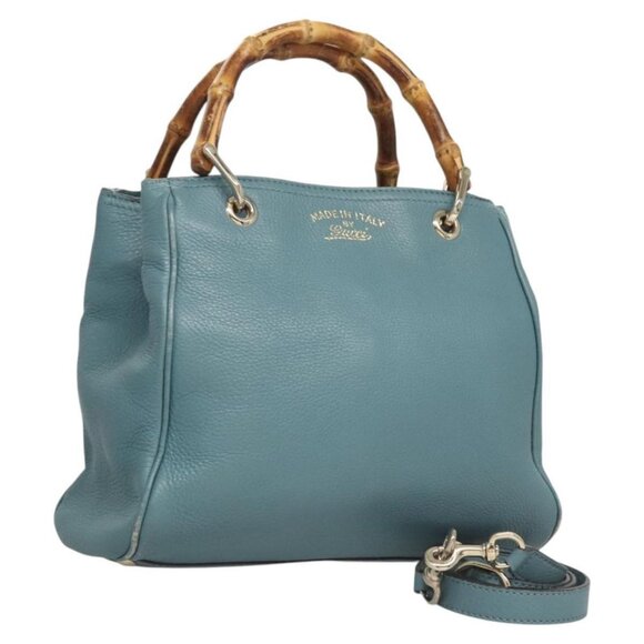 GUCCI Bamboo Hand Bag Leather 2way Blue Silver 336032 Auth 121645 - Picture 1 of 16